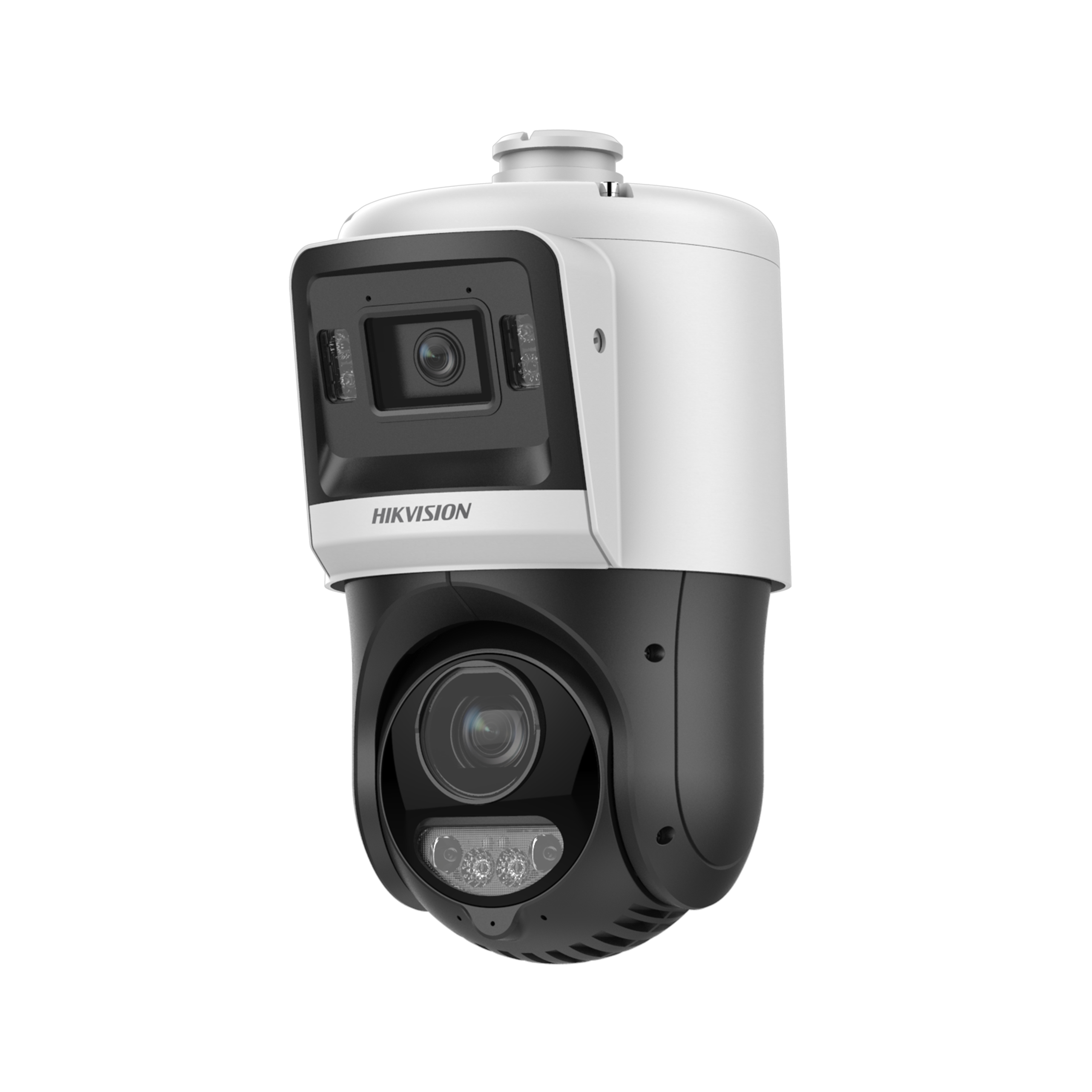 Pan ve tilt özellikli beyaz ve siyah Hikvision güvenlik kamerası.