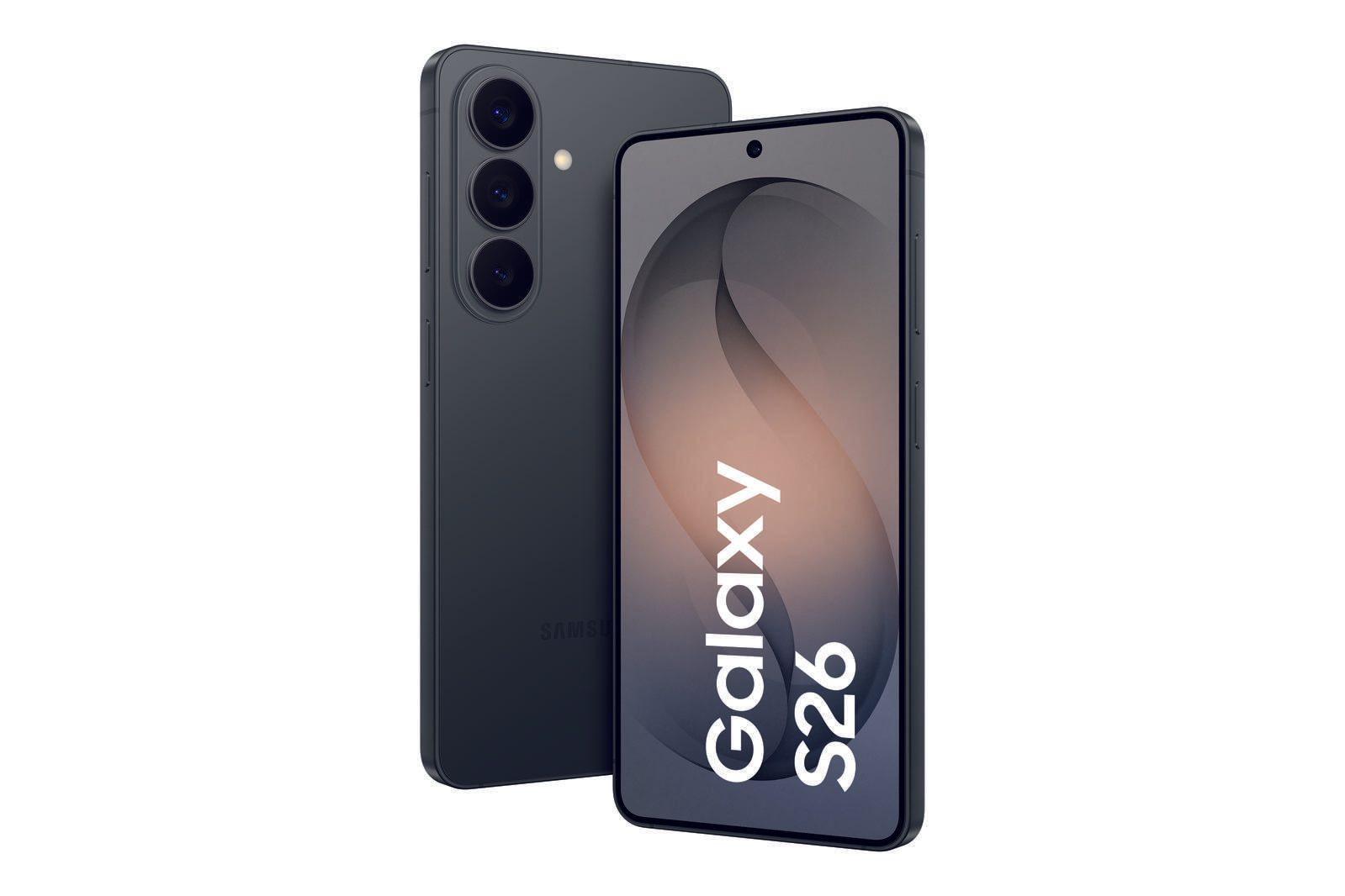 A dark grey Samsung Galaxy S26 smartphone with three cameras.