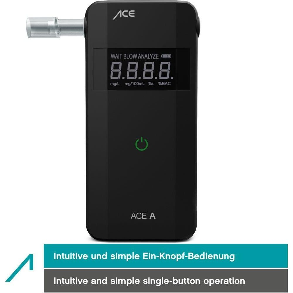Schwarzes ACE Alkoholmessgerät mit Digitalanzeige und Mundstück.