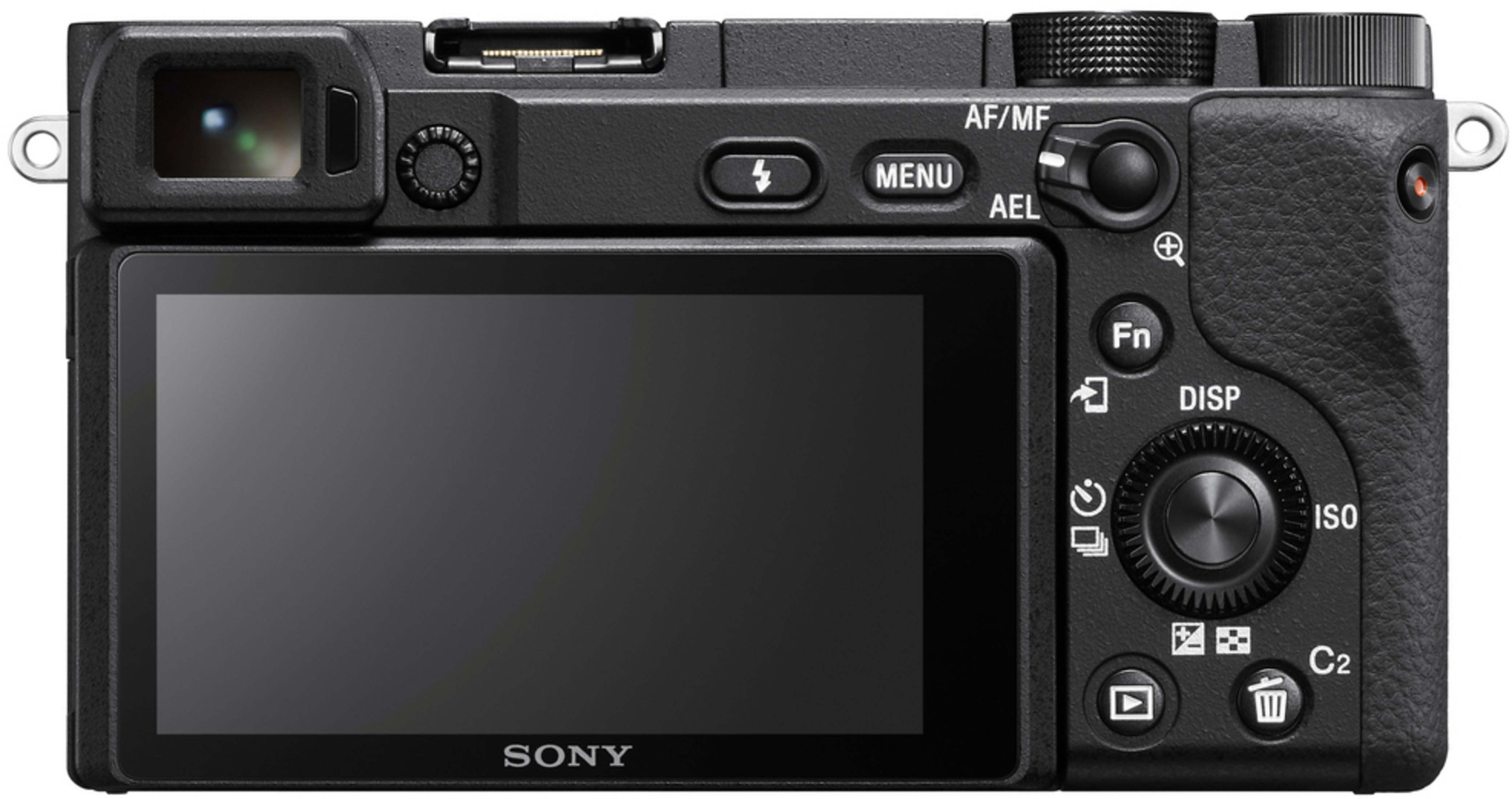 Vista posteriore di una fotocamera Sony nera con schermo LCD e pulsanti di controllo.