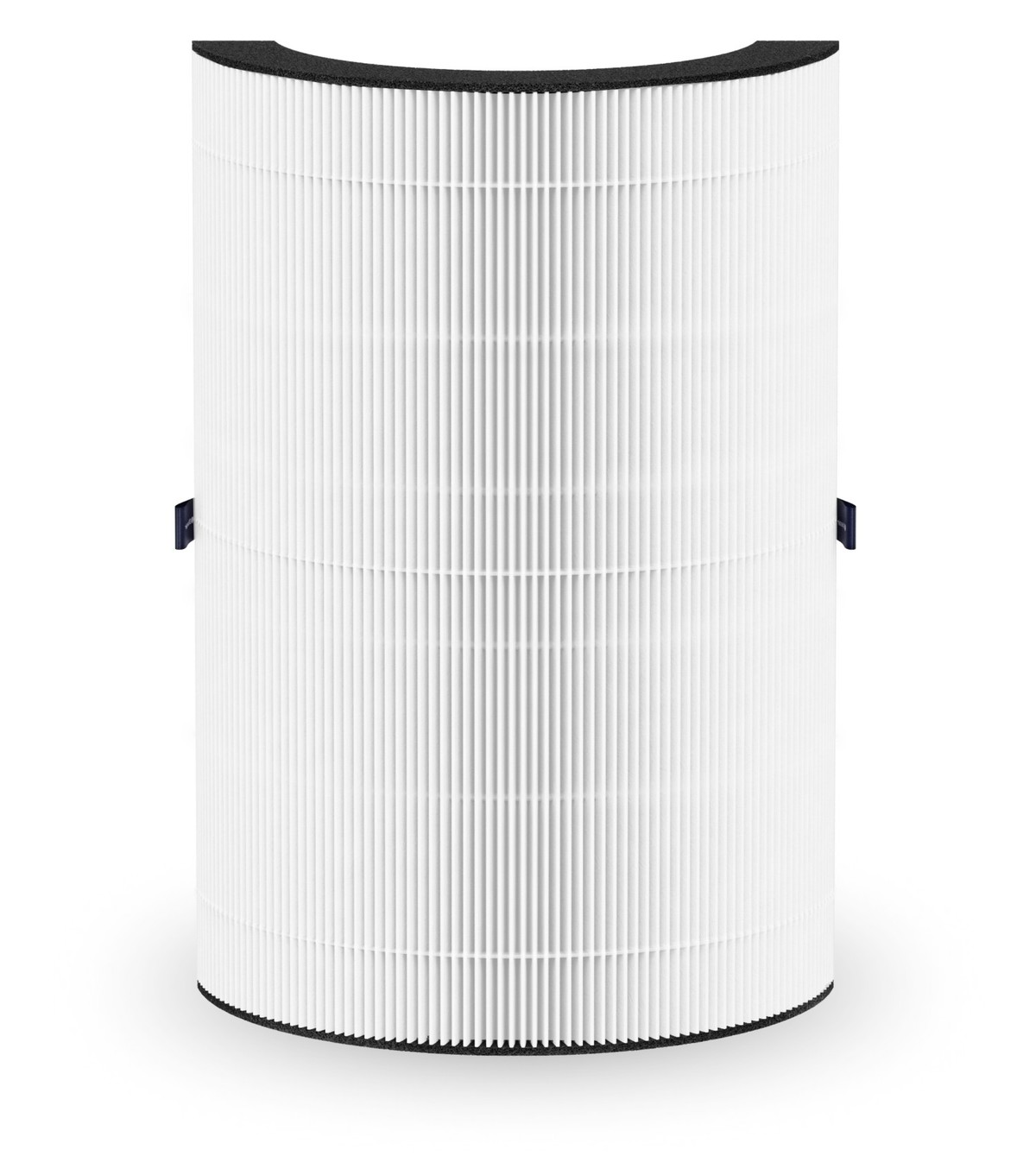 Ein zylindrischer weißer HEPA-Filter mit vertikalen Falten und schwarzem oberen Rand.