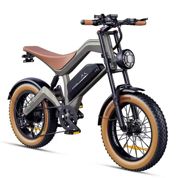 Una e-bike grigia e marrone con ruote grasse su sfondo bianco.