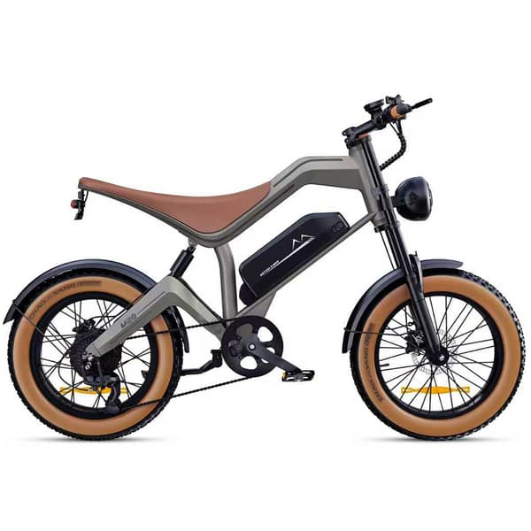 Bicicletta elettrica grigia con sella marrone, batteria nera e pneumatici spessi.