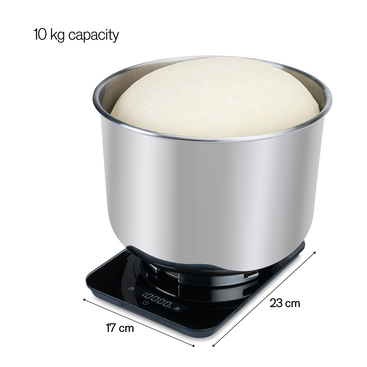 Edelstahlschüssel mit Teig auf einer digitalen Waage, 10 kg Kapazität.