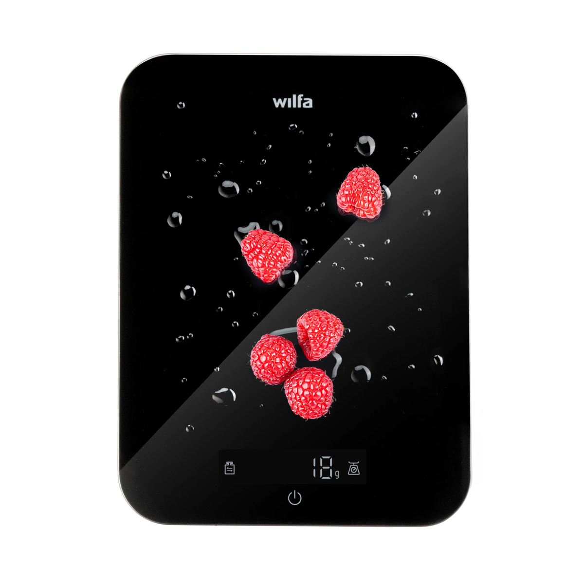 Schwarze digitale Waage mit Wilfa-Logo und 5 Himbeeren, einige mit Wassertropfen.