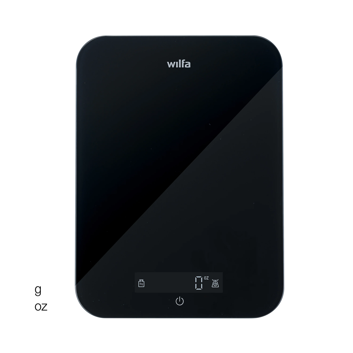 Schwarze digitale Küchenwaage mit Wilfa-Logo und beleuchtetem Display.