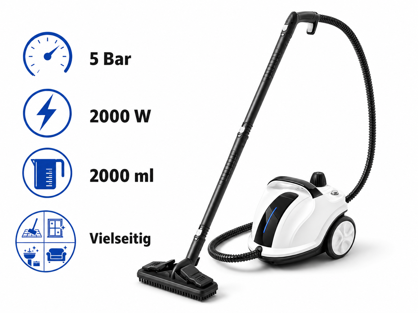 Weißer Dampfreiniger mit schwarzem Schlauch und Stiel. Spezifikationen: 5 Bar, 2000W, 2000ml.