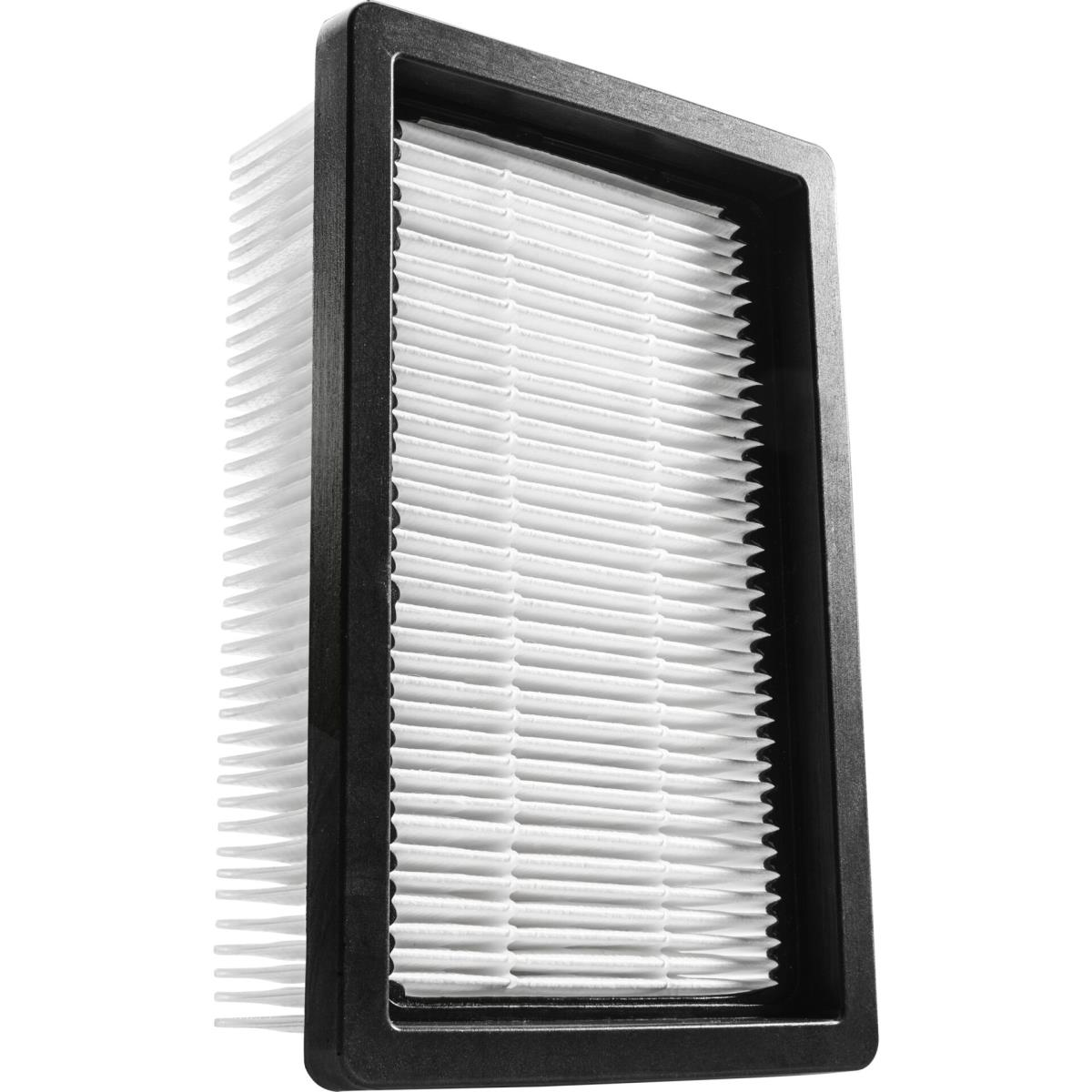 Ein rechteckiger weißer HEPA-Filter mit schwarzem Rahmen und gefalteter Membran.