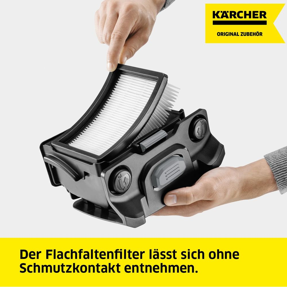 Person entfernt einen weißen Faltenfilter aus einem schwarzen Gerät.