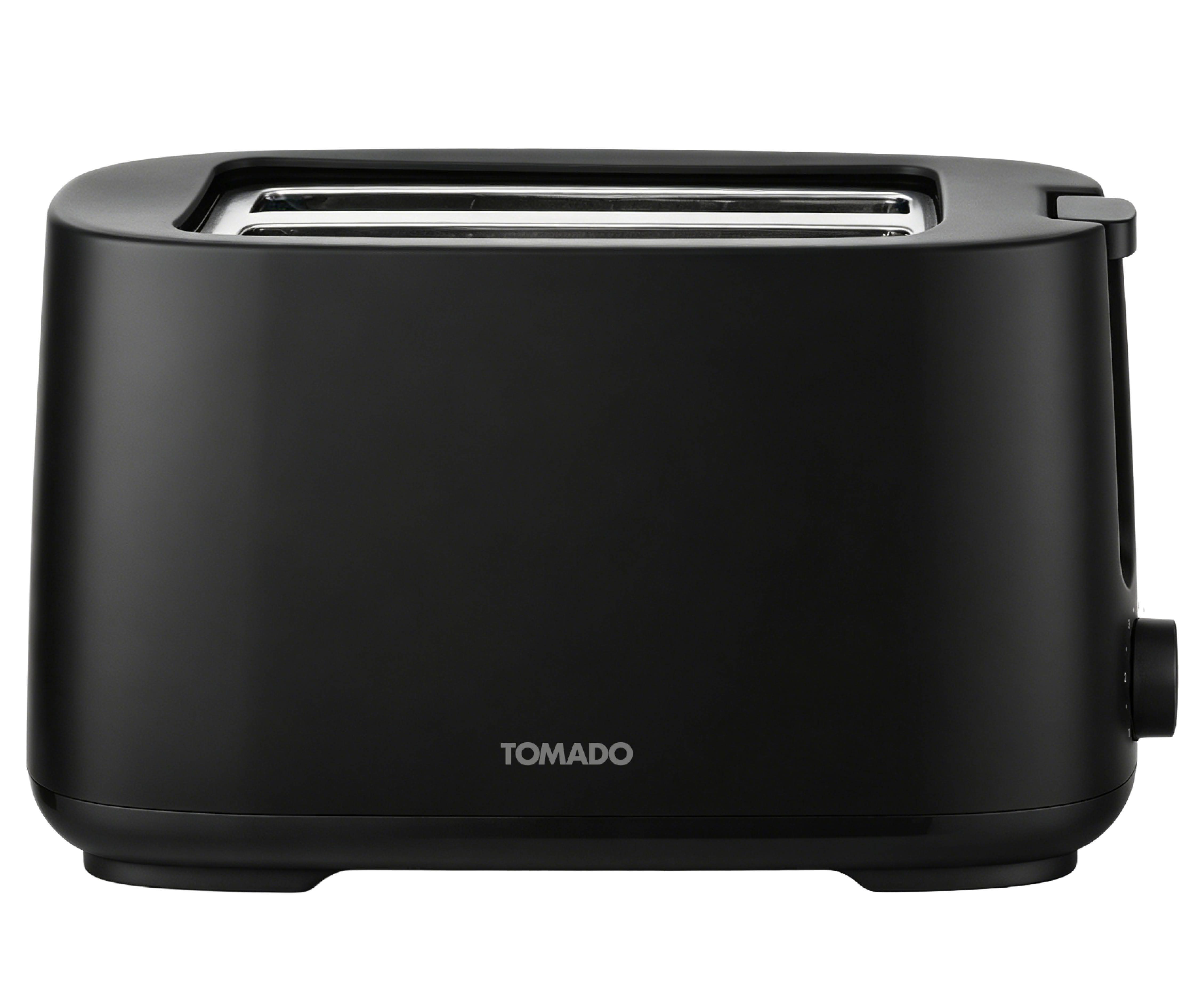 A black two-slice toaster with silver accents.