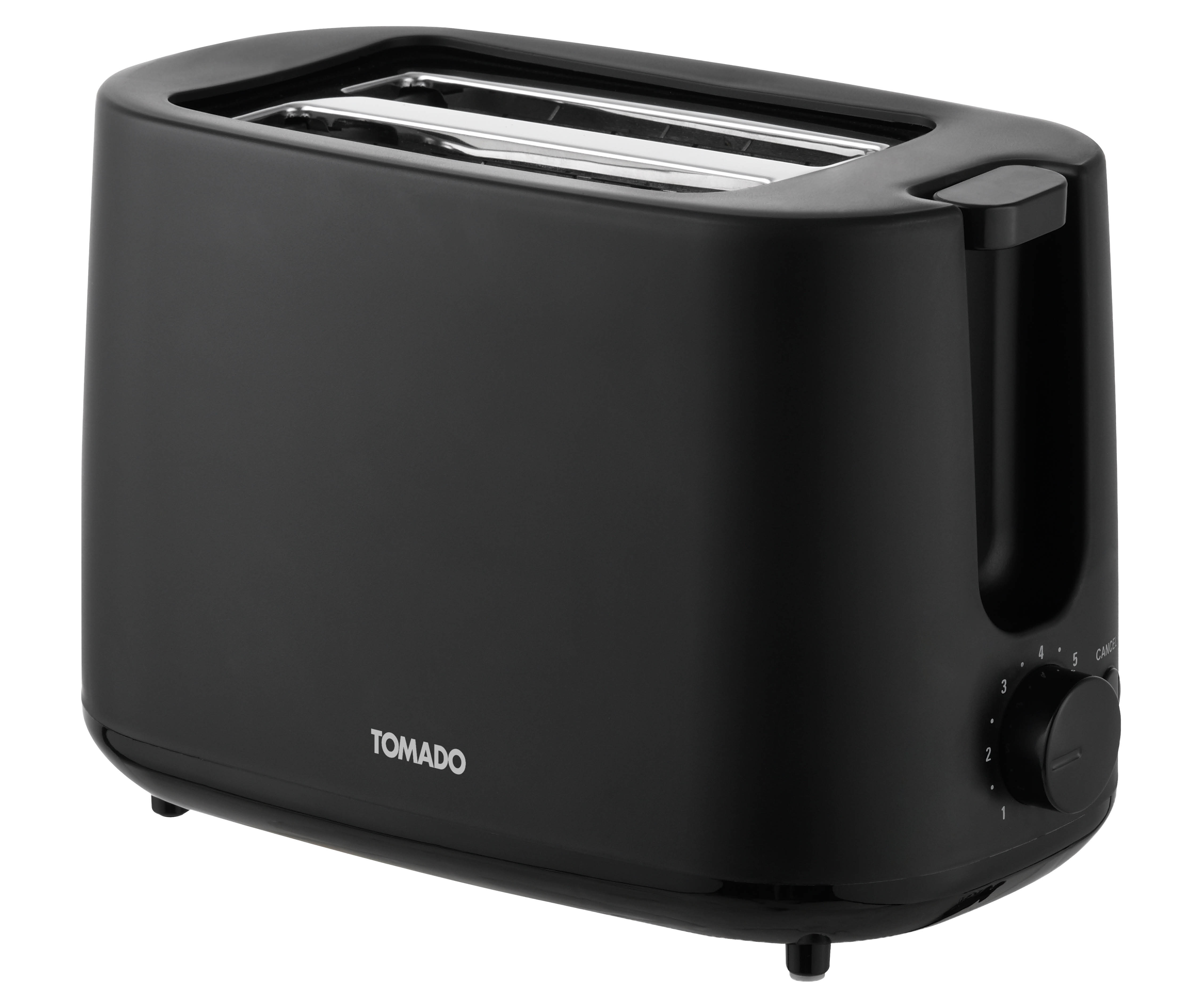 Black toaster with silver slots and a control dial.