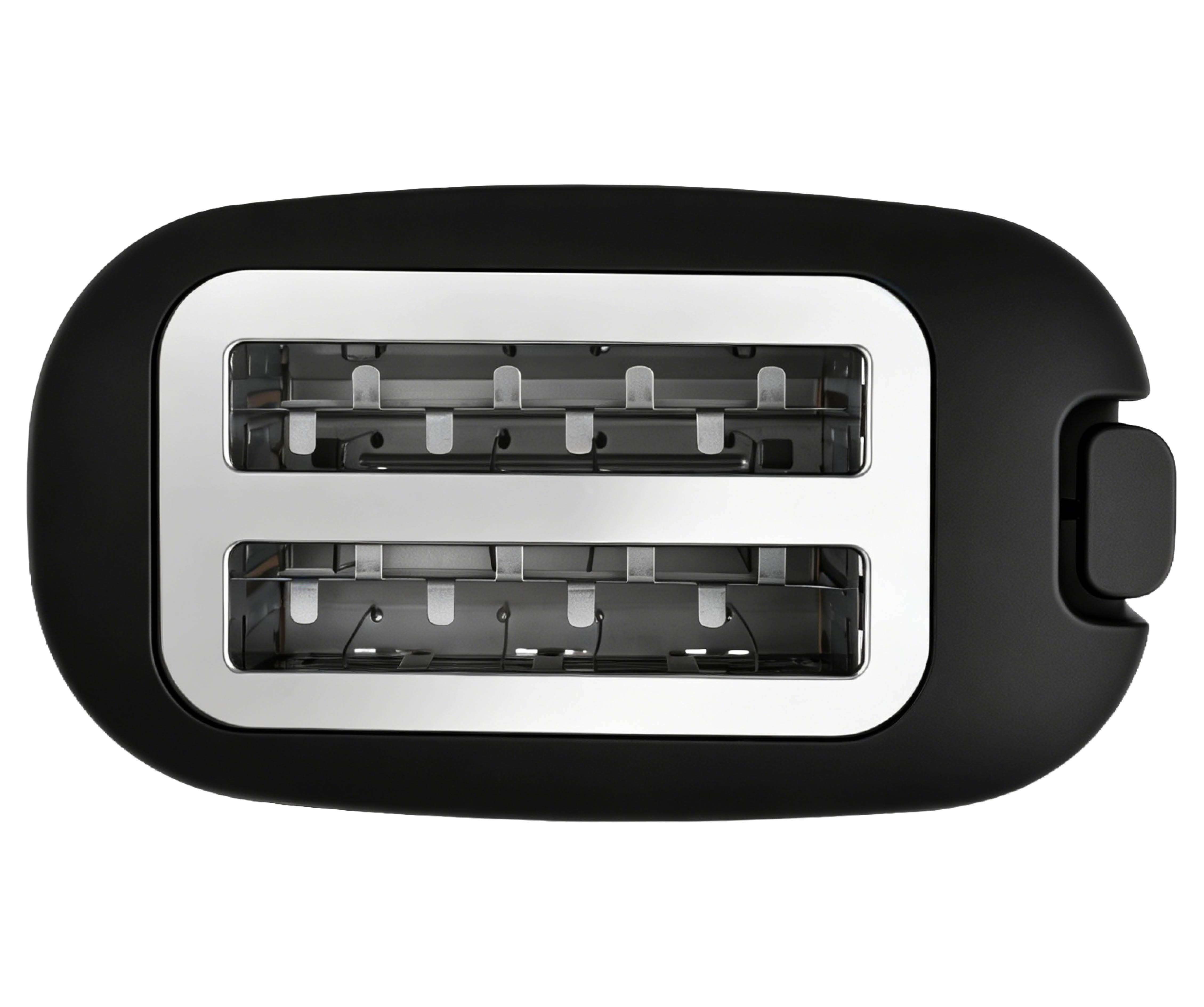 Black toaster with two slots and a silver trim. Top view.