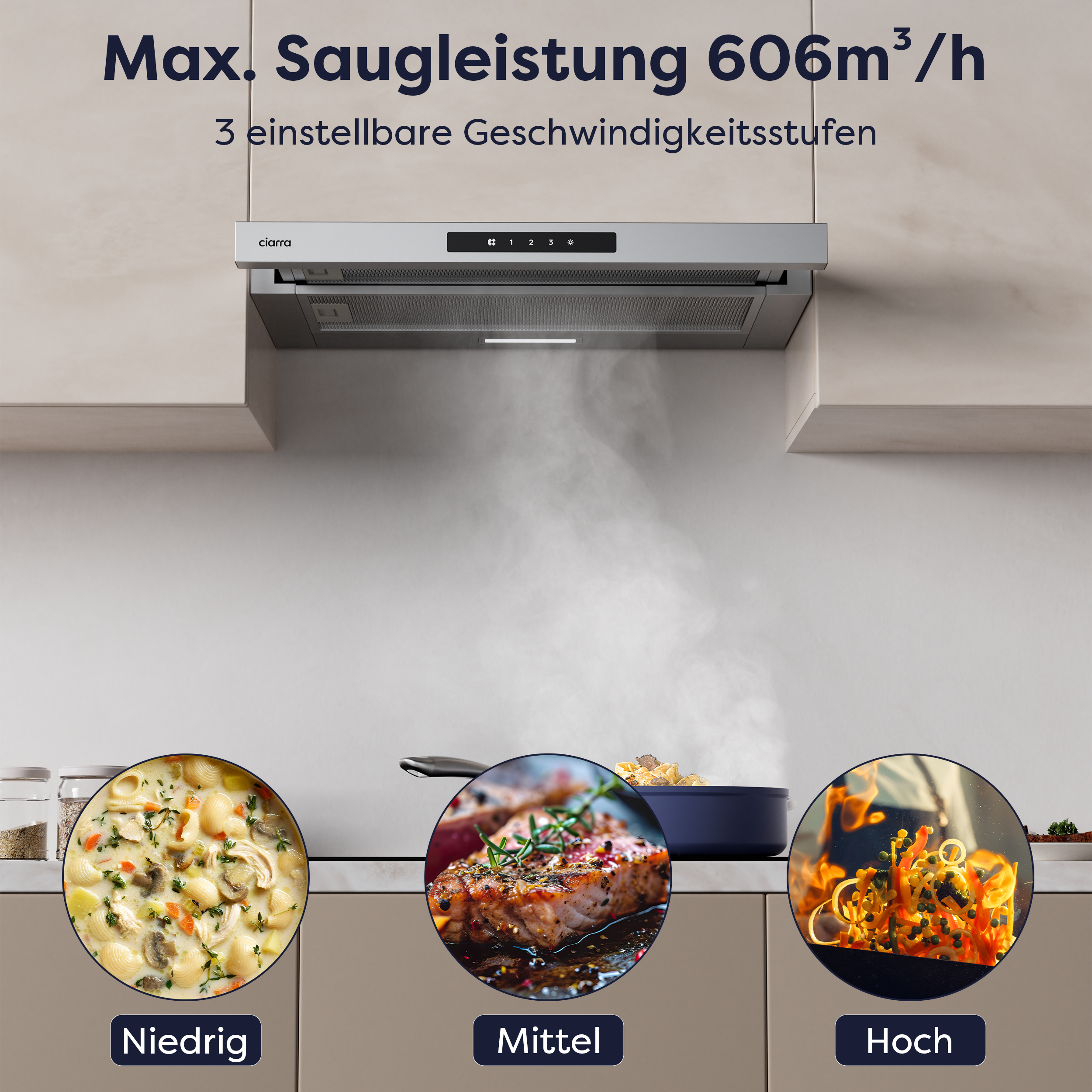Range hood with three cooking images: soup, salmon, and stir-fry.
