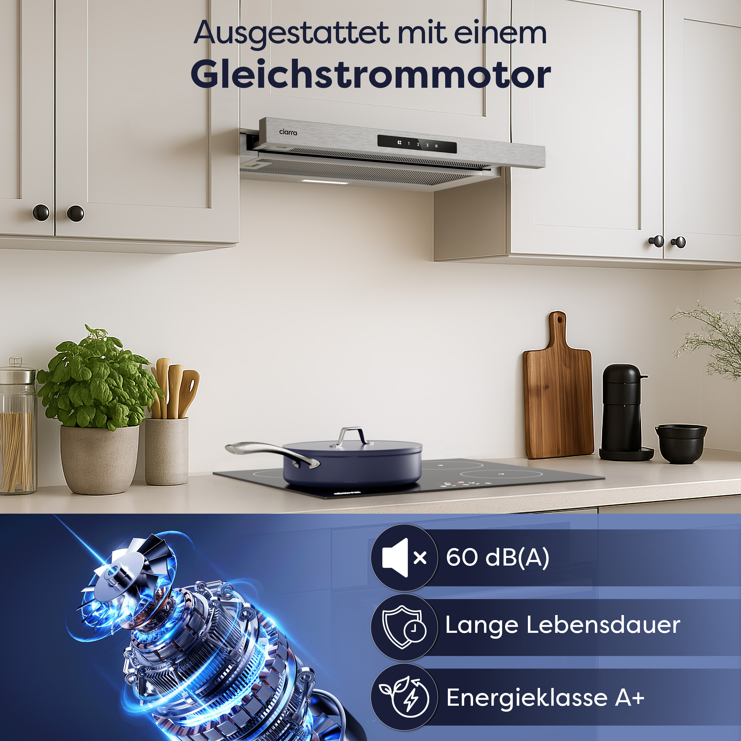 A sleek kitchen hood featuring a DC motor, with an induction cooktop below.