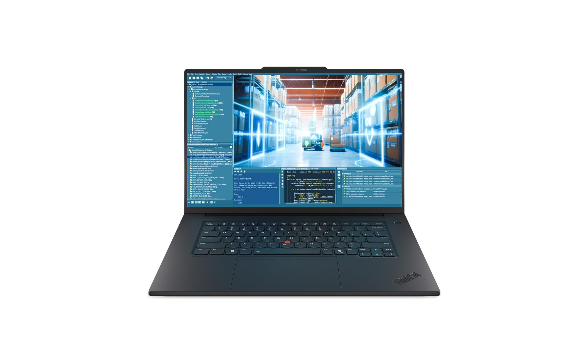 Un laptop con schermo aperto, che mostra codice e vista magazzino.
