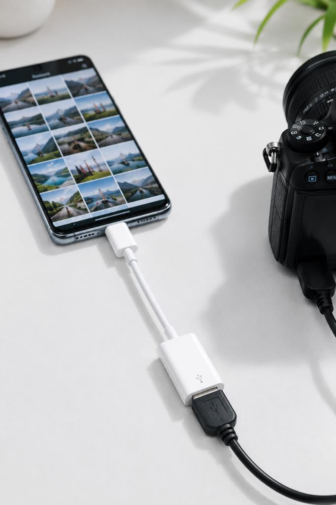 Bir akıllı telefon, beyaz bir kablo ve USB adaptörü aracılığıyla bir kameraya bağlıdır.
