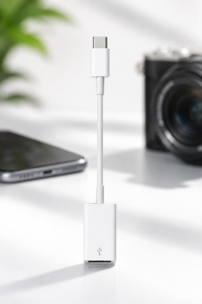 Beyaz bir USB-C adaptörü, bir akıllı telefon ve bir kameranın yanında masada duruyor.
