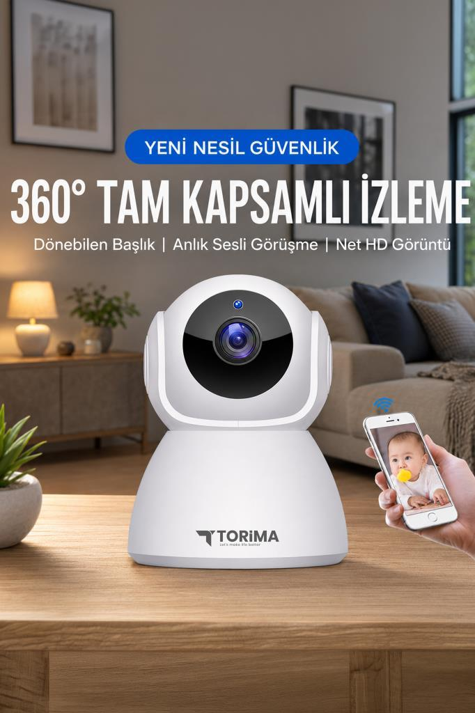 Beyaz 360 derece güvenlik kamerası ahşap masada, yanında bebekli telefon bulunuyor.