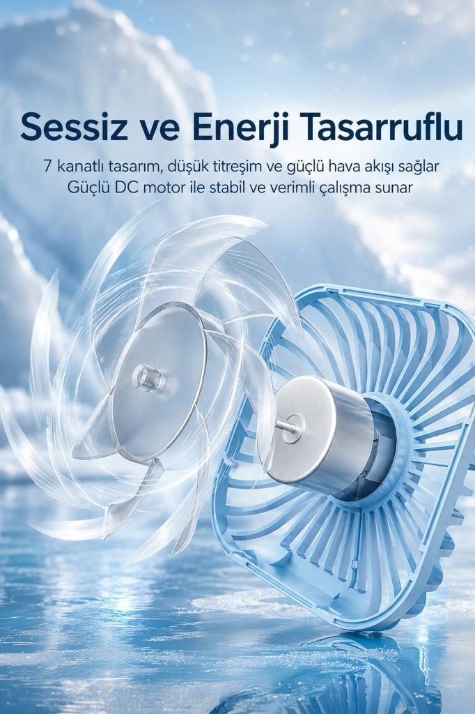 Mavi vantilatör, şeffaf kanatlı, buzlu yüzeyde.