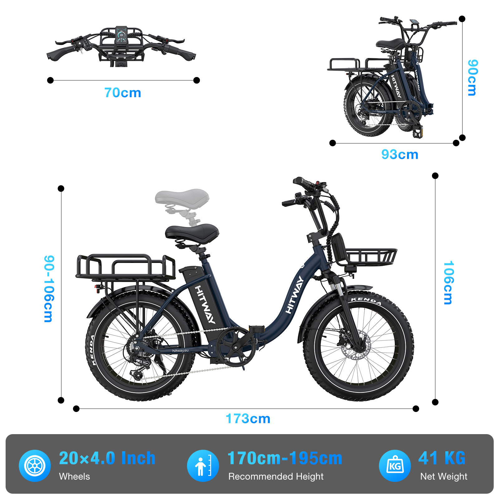 Detailed dimensions of a blue e-bike with rear rack and front basket.