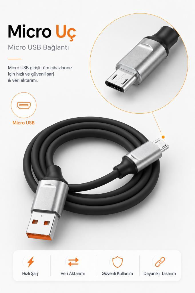 Hızlı şarj ve veri aktarımı için gümüş konnektörlü siyah Micro USB kablosu.