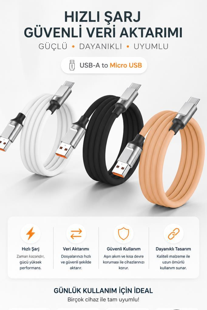 Beyaz, siyah ve turuncu üç adet USB-A - Micro USB kablosu.