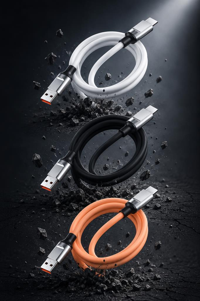 Koyu arka plan üzerinde beyaz, siyah ve turuncu üç USB-C kablosu.