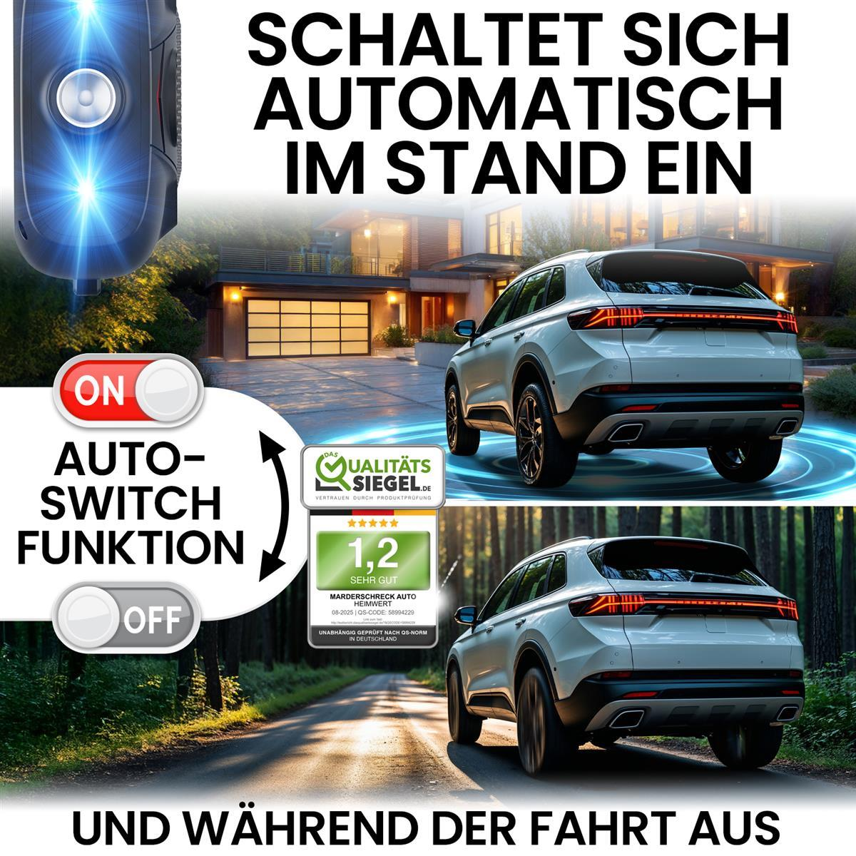 Ein weißer SUV parkt vor einem Haus. Ein Marderabwehrgerät wird gezeigt.