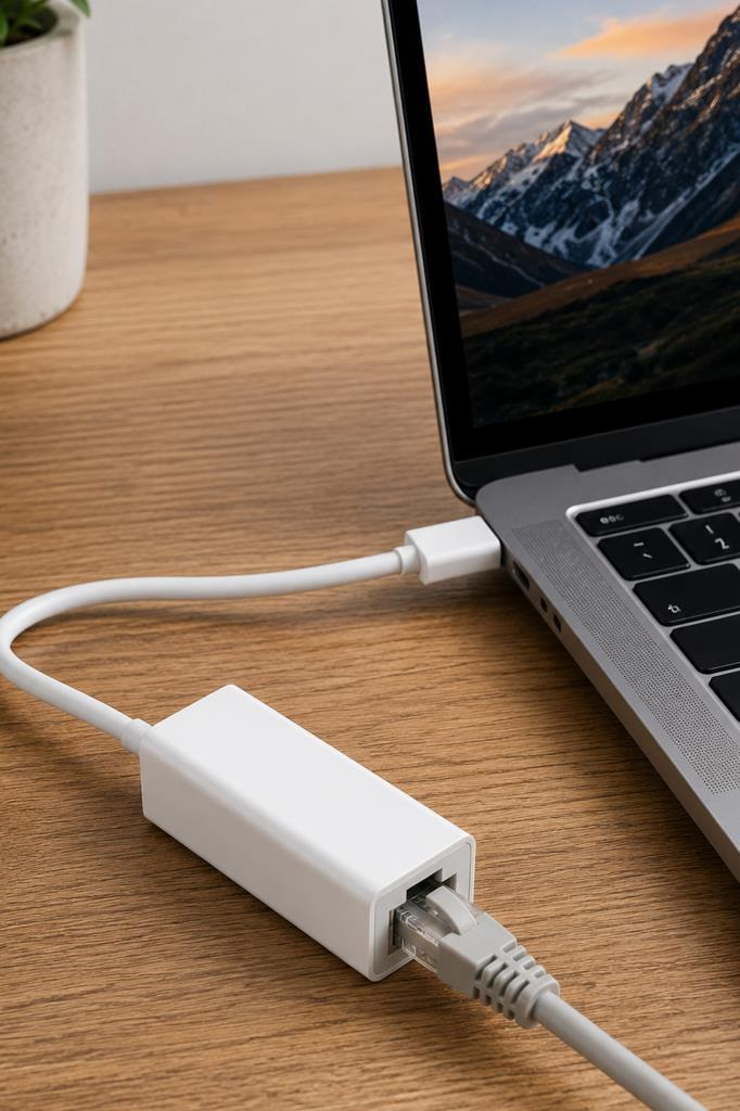 Ahşap bir masadaki dizüstü bilgisayara beyaz bir Ethernet adaptörü bağlanıyor.