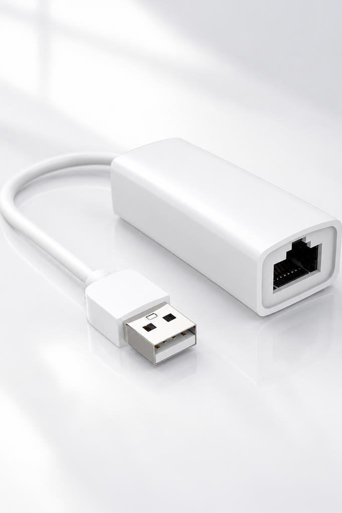 Yansıtıcı yüzeyde kablolu beyaz USB - Ethernet adaptörü.