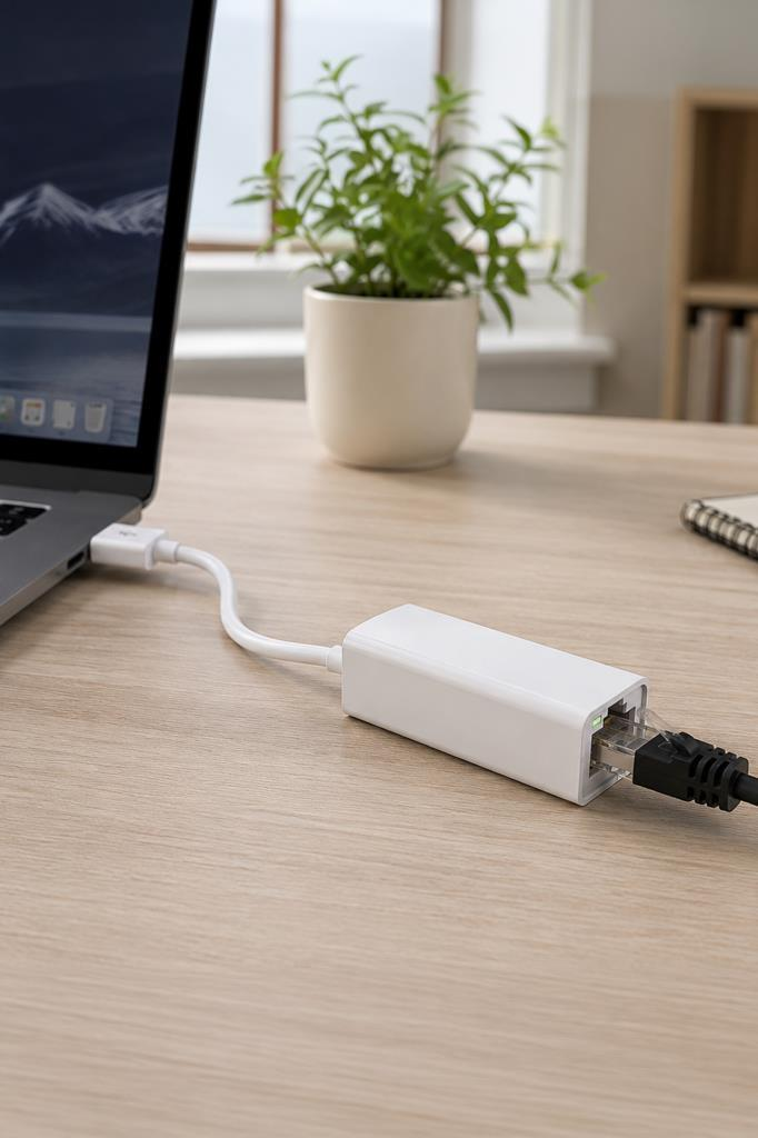 Beyaz bir Ethernet adaptr dizst bilgisayara balanmtr. Bir a kablosu adaptre takldr.