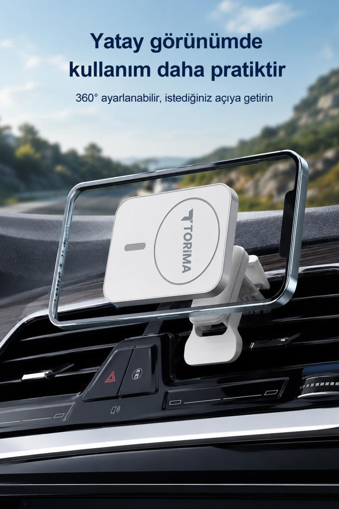 Torima logolu beyaz telefon tutucu, araba havalandırma ızgarasına takılıdır.