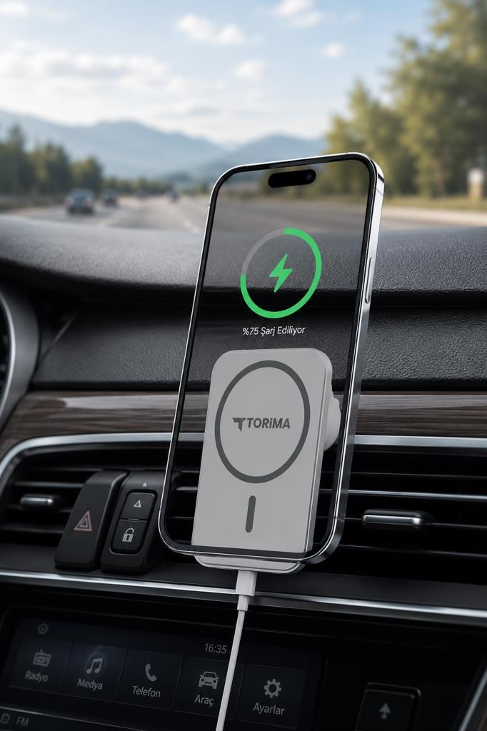 Bir akıllı telefon, bir Torima şarj yuvasında arabada şarj oluyor.
