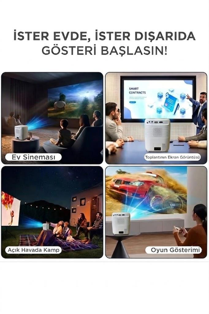 Dört sahne projektör gösteriyor: ev sineması, toplantı, açık hava, oyun.