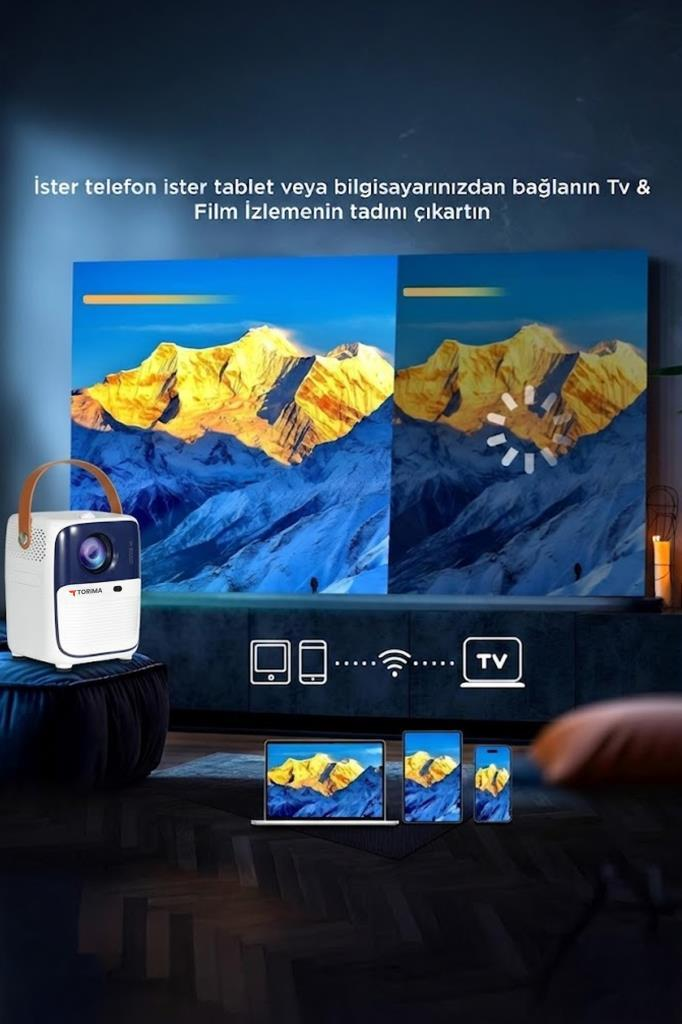Dağ manzaralı büyük ekranın yanında beyaz bir projektör. Kablosuz bağlantı simgeleri.