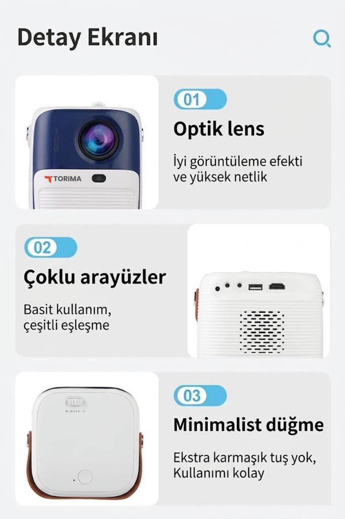 Optik lensli, çoklu arayüzlü ve minimalist düğmeli projektör.
