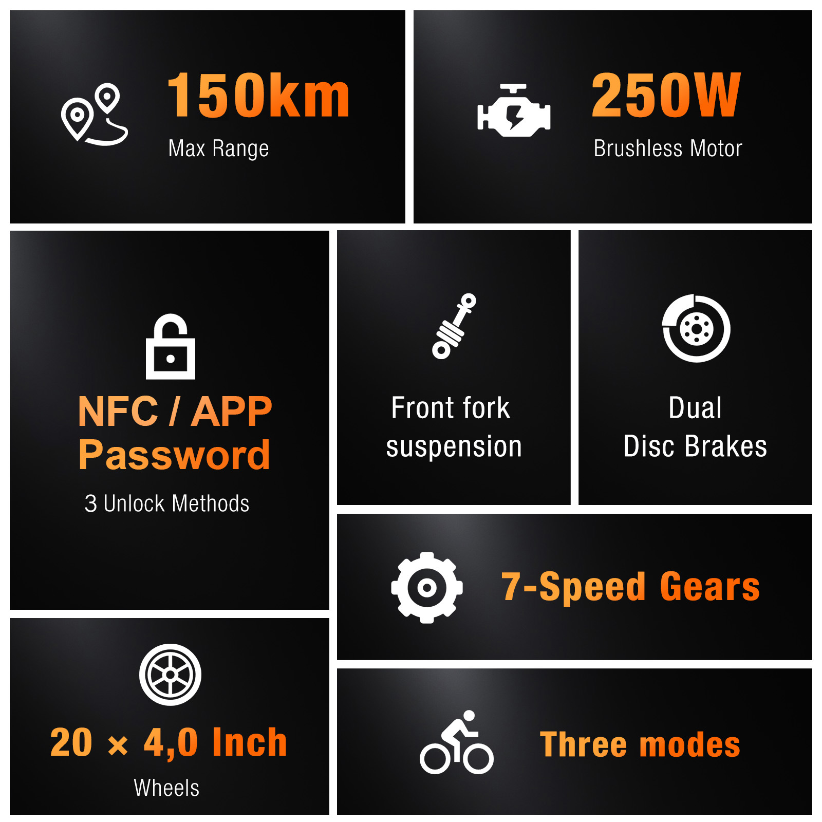 150km max range, 250W motor, NFC/App password, front fork suspension, dual disc brakes.