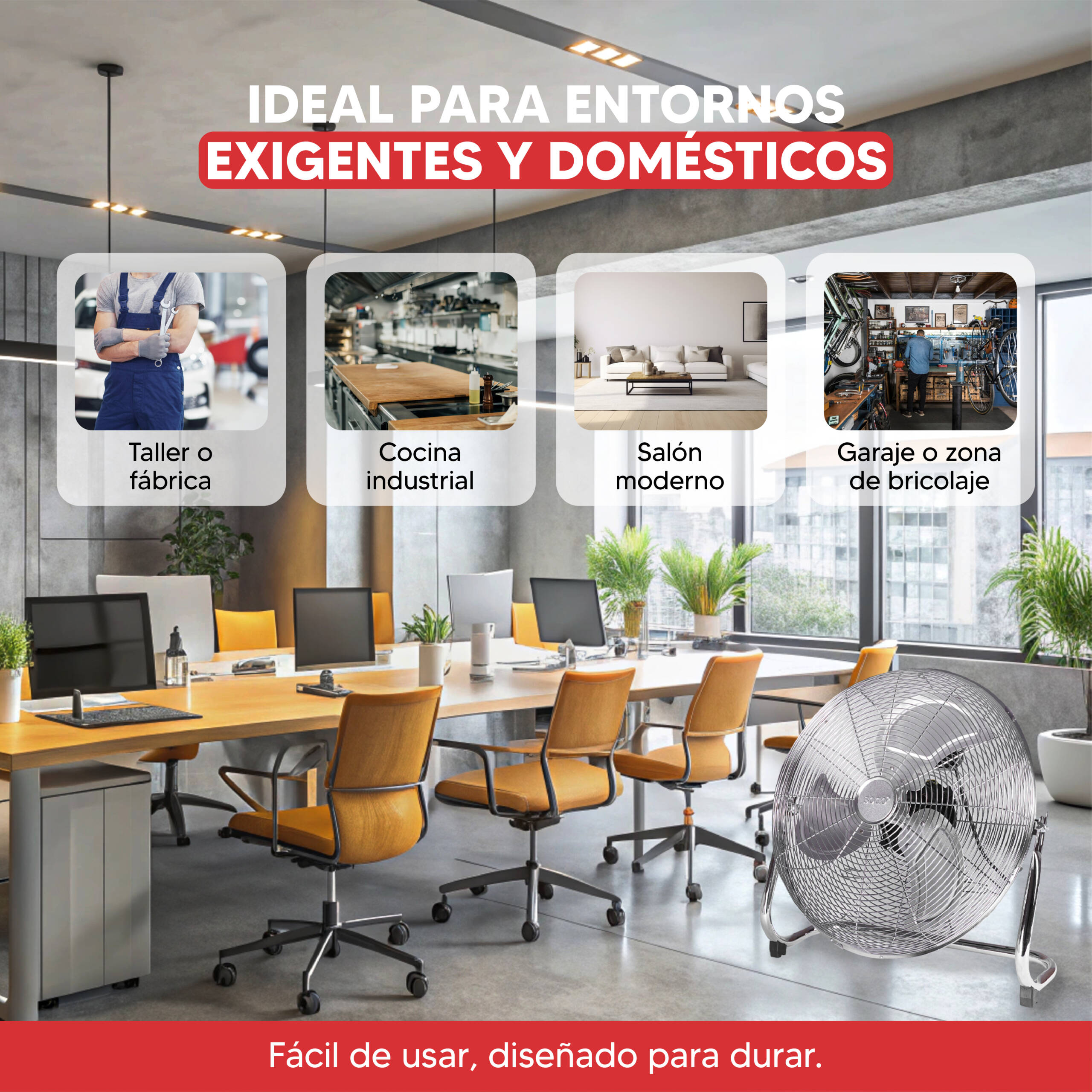 Un espacio de oficina moderno con computadoras, sillas, mesa y ventilador.