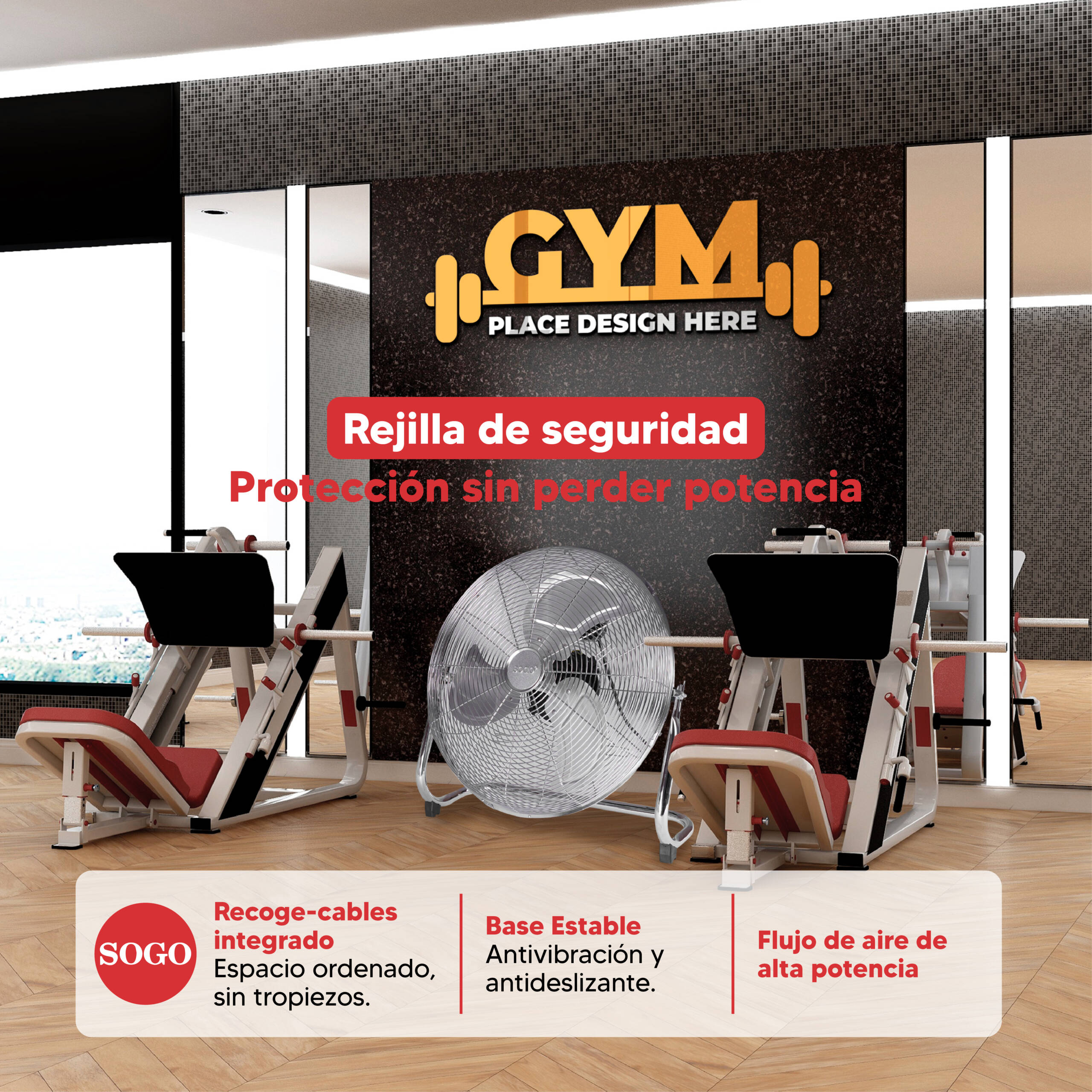 Un gimnasio con máquinas de pesas y un ventilador grande.