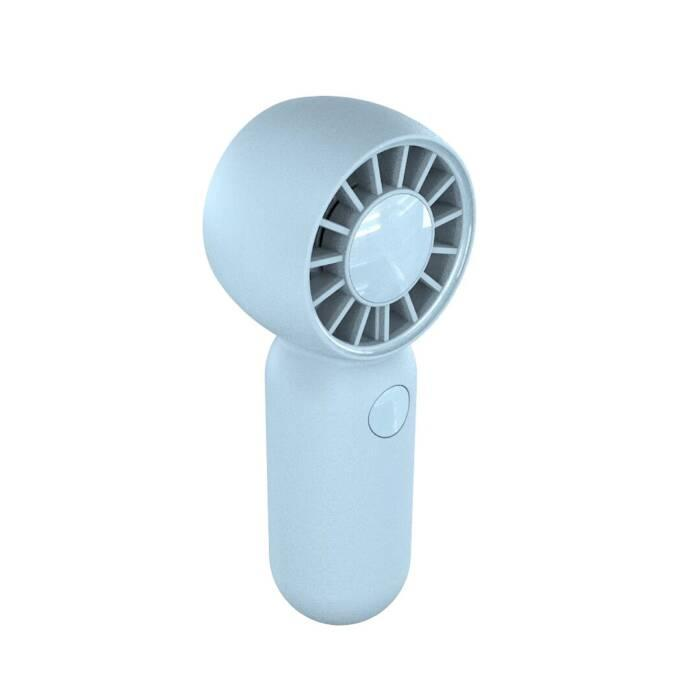 Un piccolo ventilatore portatile azzurro con testa e manico rotondi.