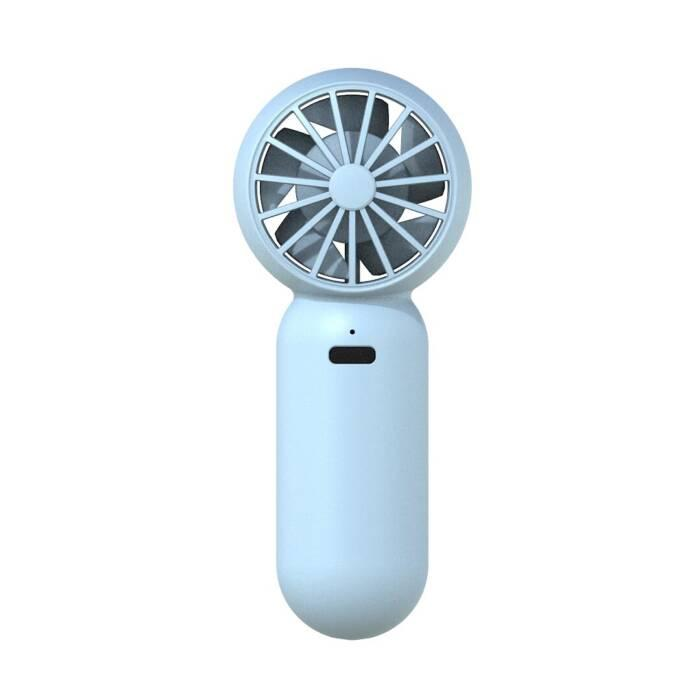 Un mini ventilatore portatile azzurro con testa rotonda e manico.