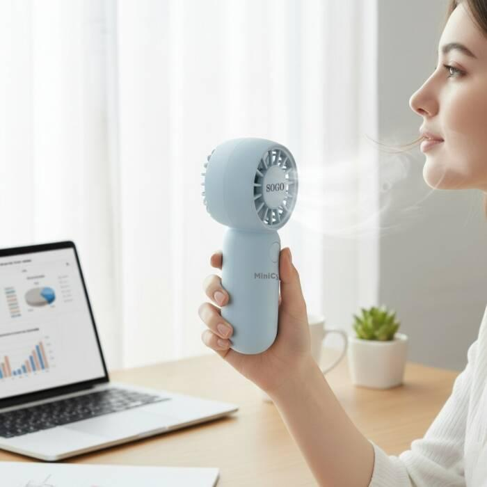 Una donna tiene in mano un mini ventilatore SOGO blu, con l'aria che soffia verso il suo viso. Un laptop è sulla scrivania.