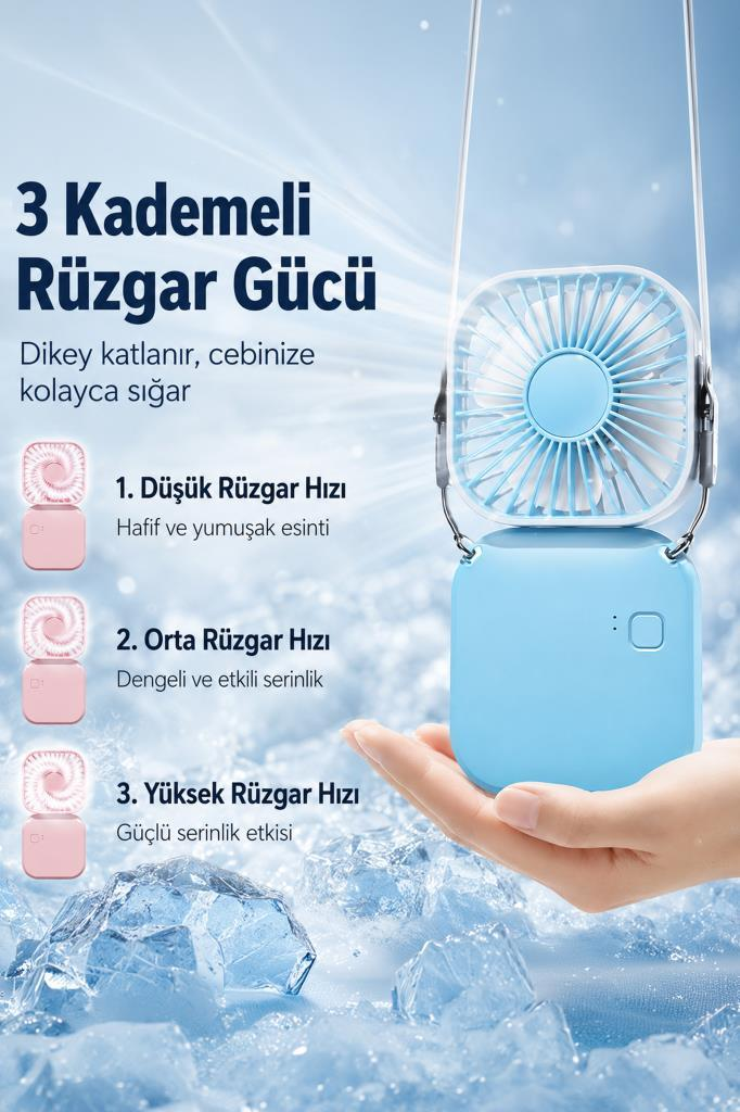 Buz küplerinin üzerinde, üç hız ayarlı açık mavi taşınabilir vantilatör.