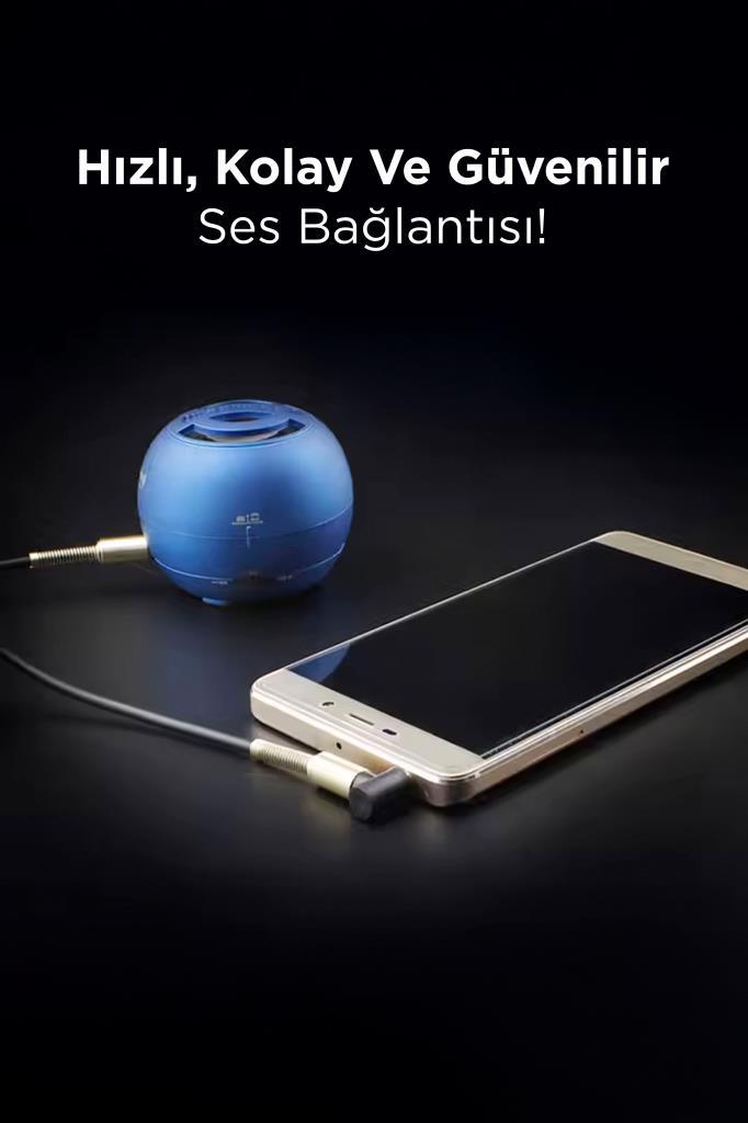 Mavi, küre şeklinde bir hoparlör bir akıllı telefona bağlıdır.