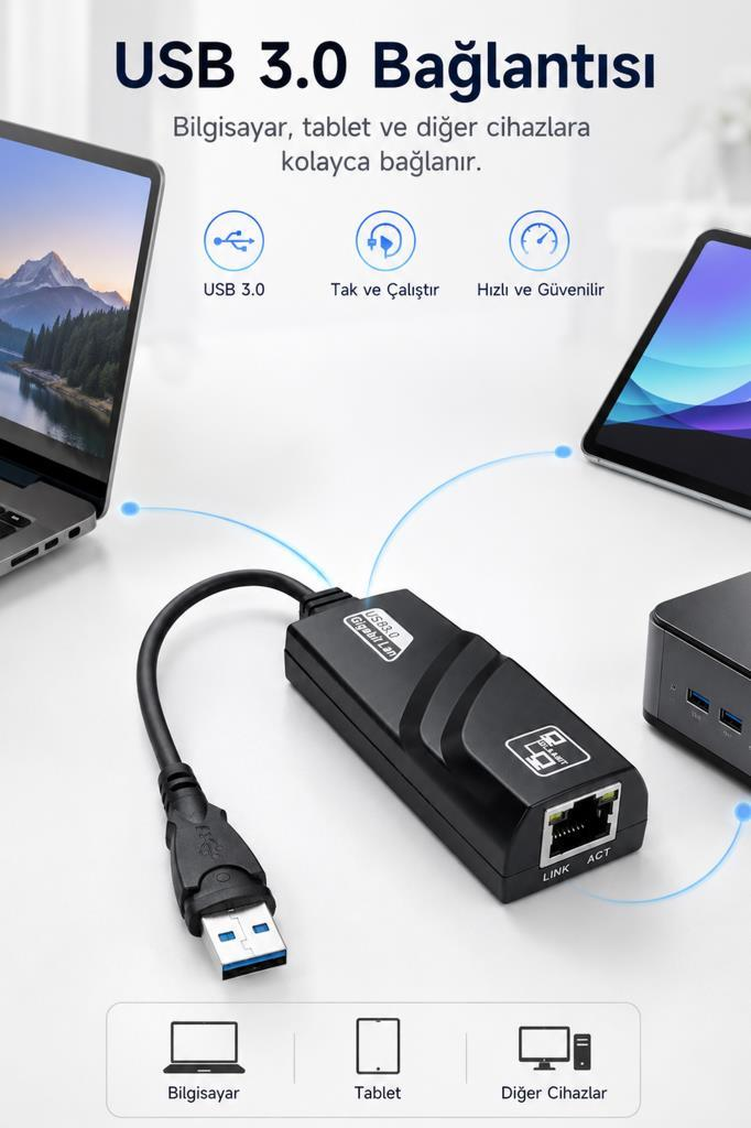 Bir USB 3.0 Gigabit LAN adaptörü dizüstü bilgisayar, tablet ve diğer cihazları bağlar.