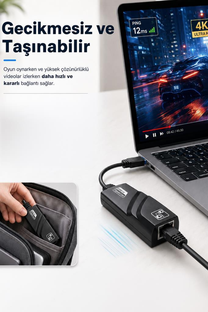 Araba yarışı gösteren bir dizüstü bilgisayara bağlı siyah LAN adaptörü ve kablosu.