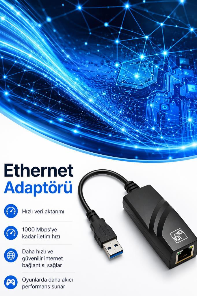 USB bağlantılı siyah Ethernet adaptörü ve ağ kablosu bağlantı noktası.
