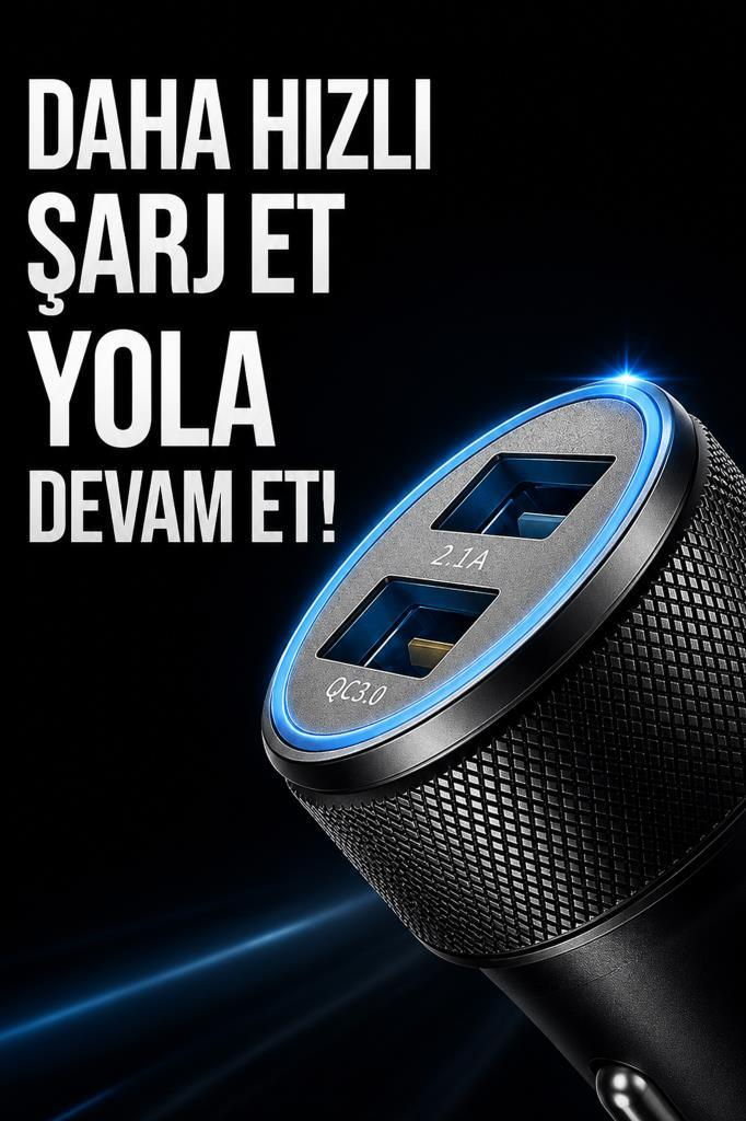 İki USB bağlantı noktalı ve mavi LED aydınlatmalı siyah araç şarj cihazı.