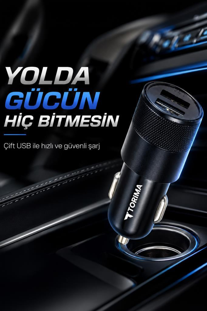 Siyah çift USB araç şarj adaptörü orta konsola takılı.
