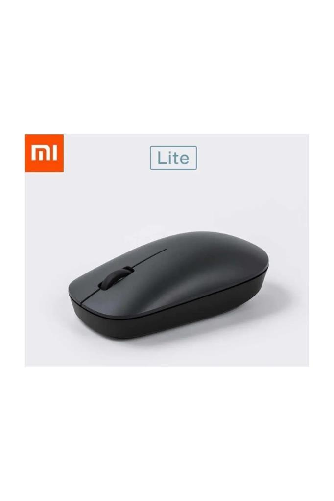 Xiaomi logosu bulunan beyaz arka plan üzerinde siyah bir Xiaomi Lite bilgisayar faresi.